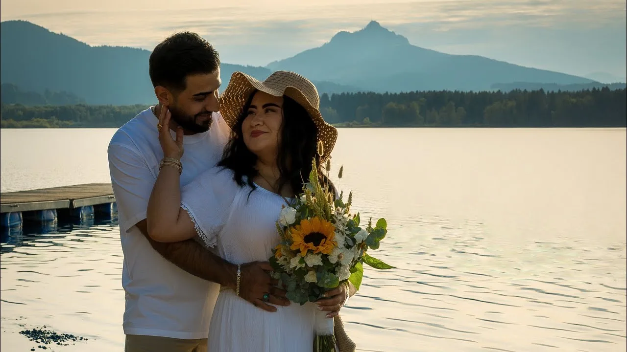 Brautpaar am Seeufer im Allgäu bei Sonnenuntergang – Standbild aus dem Hochzeitsfilm